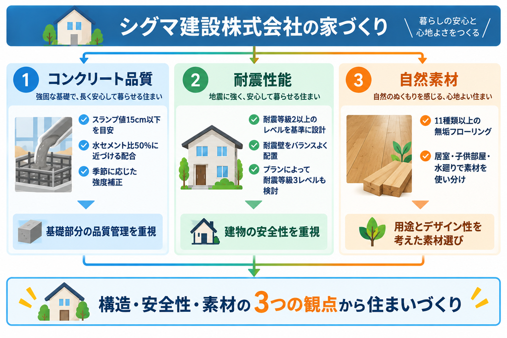 シグマ建設株式会社の家づくりについて、コンクリート品質、耐震性能、自然素材の3つの特徴から、構造・安全性・素材を重視する考え方を示した図解。