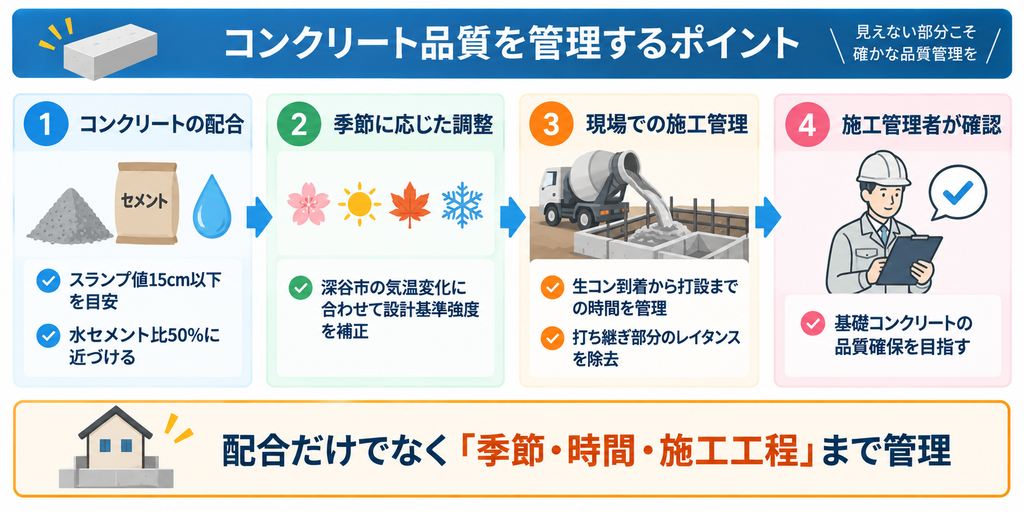 シグマ建設株式会社が、コンクリートの配合、季節に応じた強度調整、打設時間や打ち継ぎ部分などの施工工程を管理し、基礎コンクリートの品質確保を目指す流れを示した図解