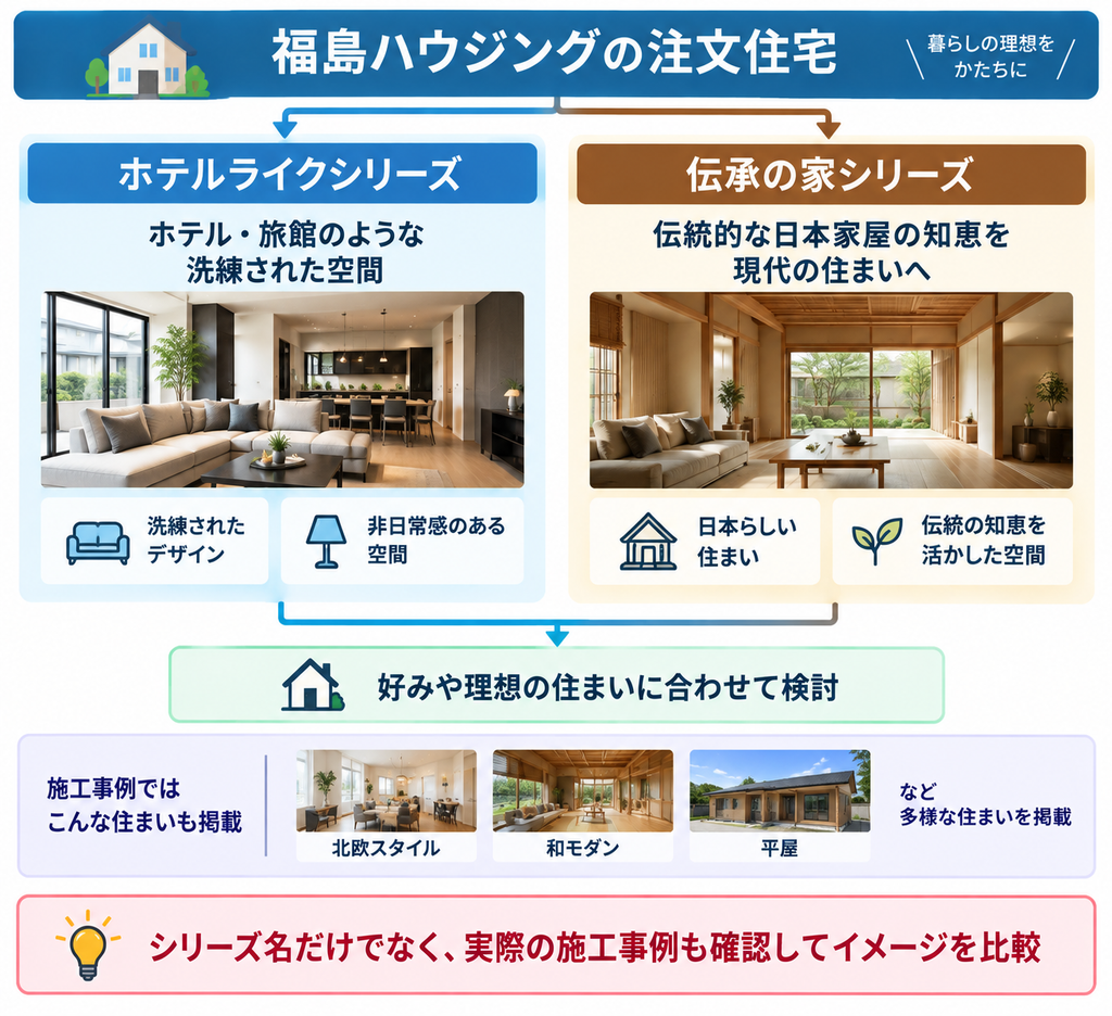 福島ハウジングの注文住宅「ホテルライクシリーズ」と「伝承の家シリーズ」の特徴を比較し、施工事例も確認しながら好みや理想の住まいに合わせて検討するポイントを示した図解