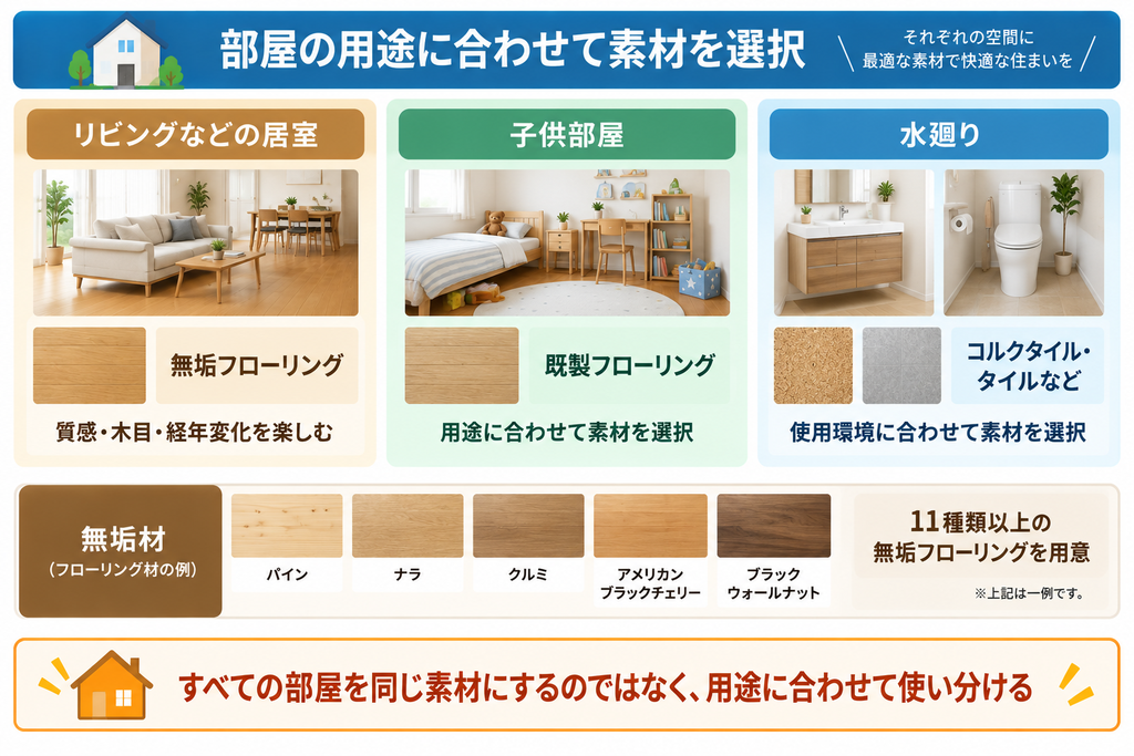 リビングなどの居室、子供部屋、水廻りの用途に応じて、無垢フローリングや既製フローリング、コルクタイルなどの素材を使い分ける考え方を示した図解。